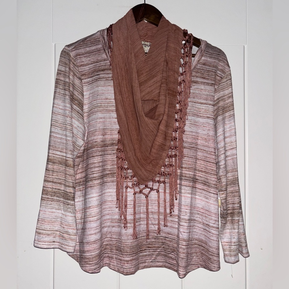 One World Live And Let‎ Live Stripe Bell Sleeve Scarf Sweater Women XL Boho Work